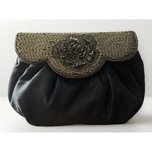 Vintage Vanessa Clutch Purse Bag Hand Brown Satin Beaded Gold Bronze